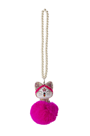 Şans Kedisi Tüylü - Incili Fuşya Dekoratif Araba Askısı 12 X 7,5Cm